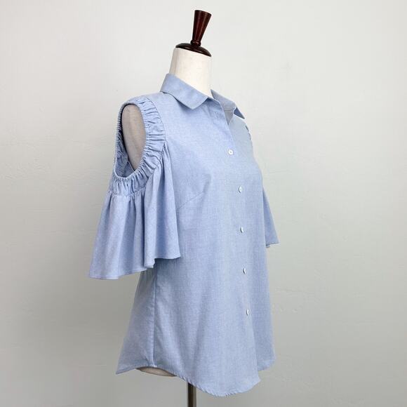 Pearl By Lela Rose Blue Flutter Sleeve Button-Up Shirt - Picture 5 of 8